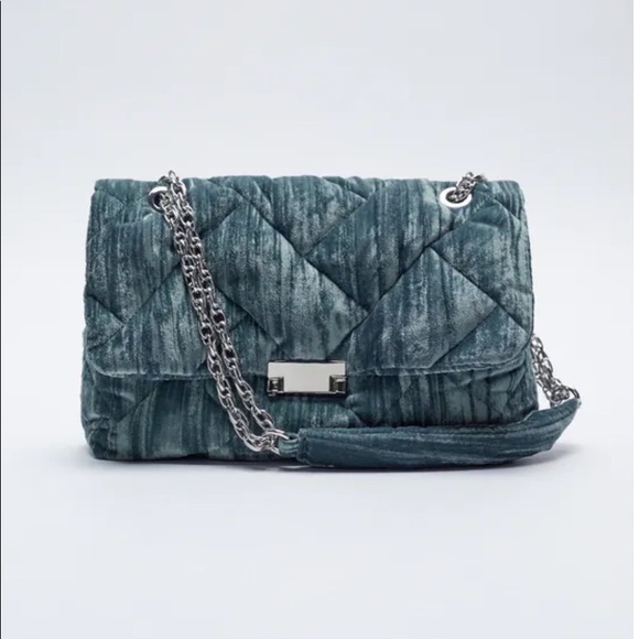 Zara Handbags - Zara Blue Velvet Quilted Maxi Bag